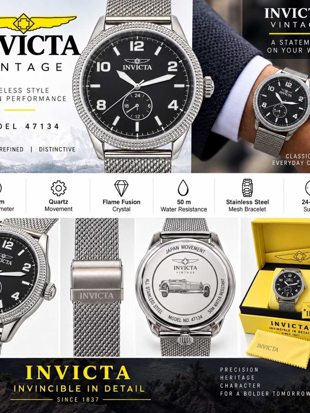 Invicta Silver Mesh Watch with Black Dial